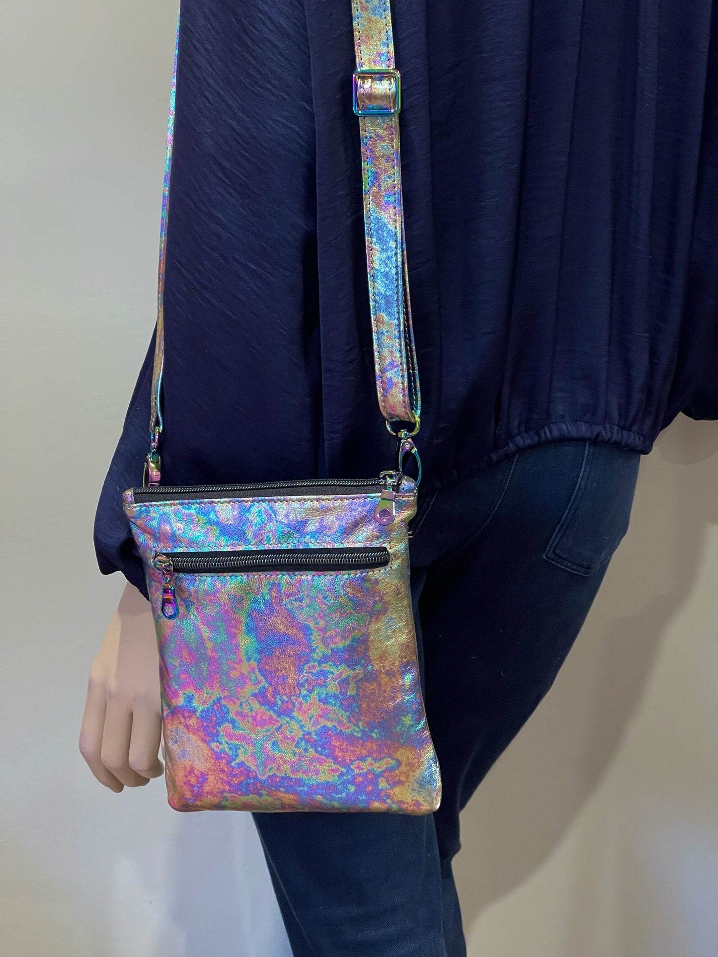 Small Metallic rainbow spectrum oil slick Leather Crossbody Bag
