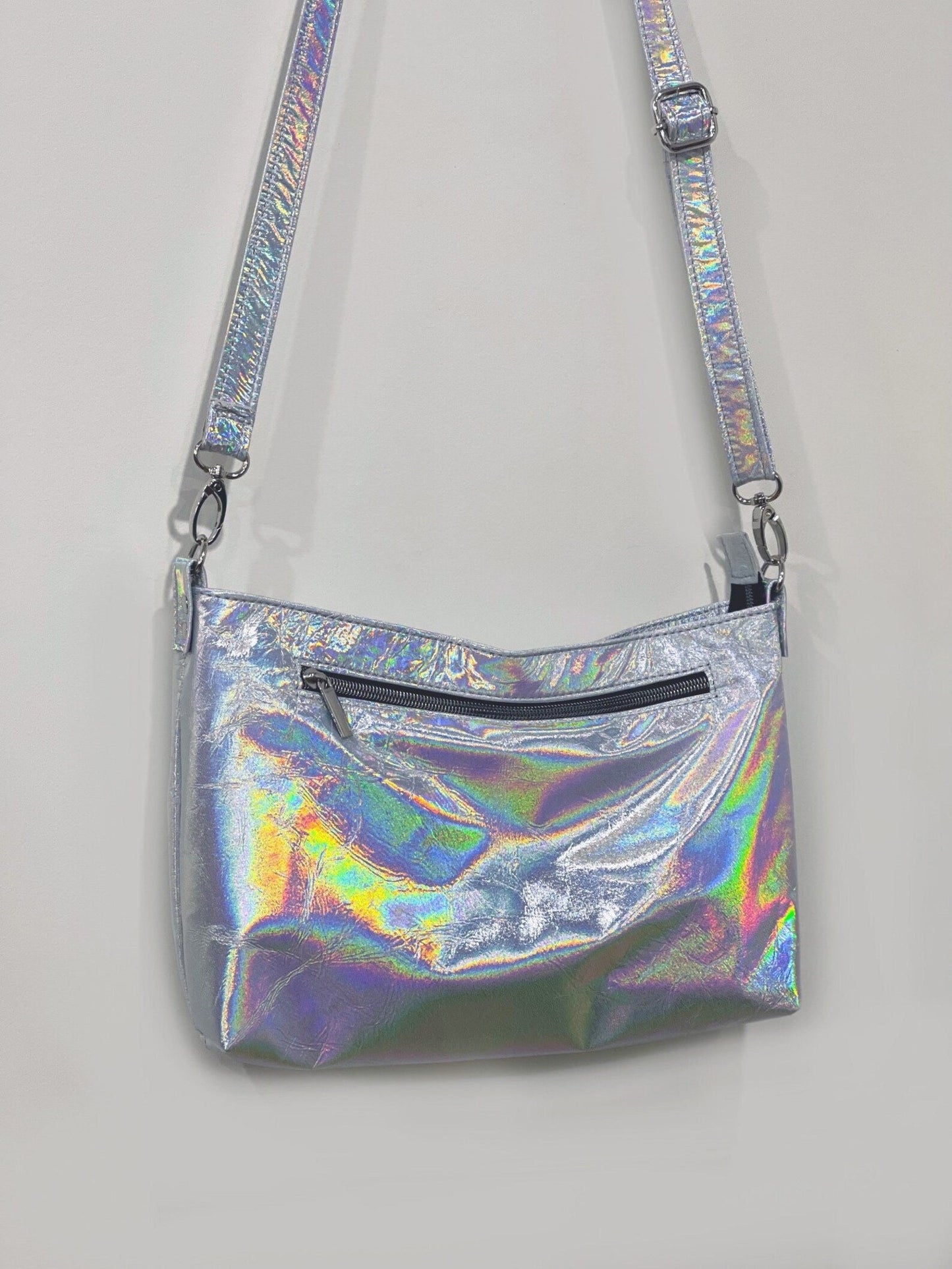 Smaller Holographic Silver crossbody bag, Italian holo leather