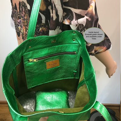 Emerald Green Metallic Leather Tote, zipper pocket and free leather purse