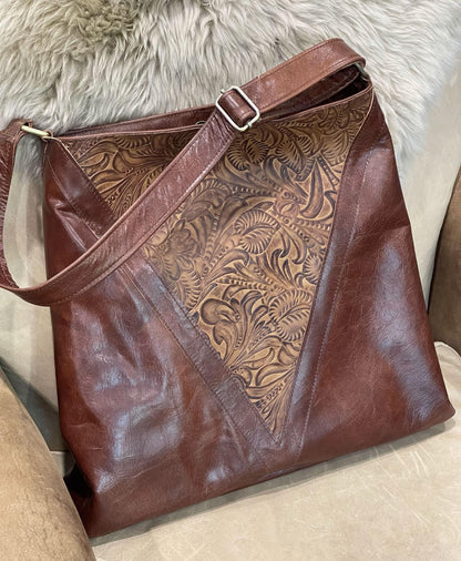 Brown tooled leather Hobo bag, Premium Leather, flower and leaf design IN STOCK