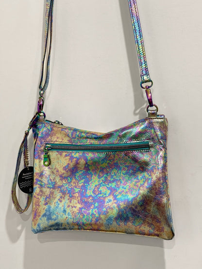 Metallic Oil slick Leather Zipper Wristlet or crossbody