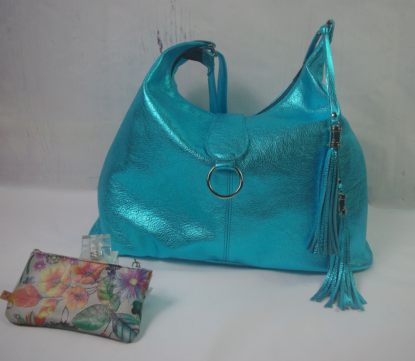 Womens metallic turquoise Italian Hobo Shoulder Bag