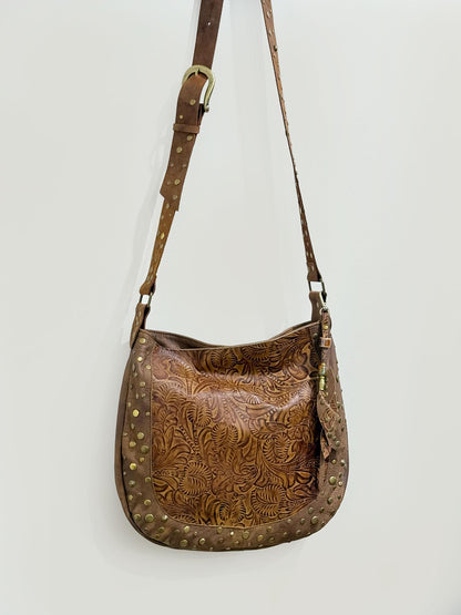 Studded Tooled brown Leather Hobo crossbody or shoulder Bag, 1 IN STOCK