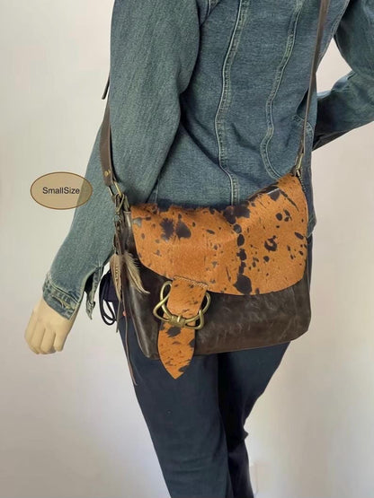 Cowhide Celtic Leather Crossbody, wide strap, OOAK cowhide
