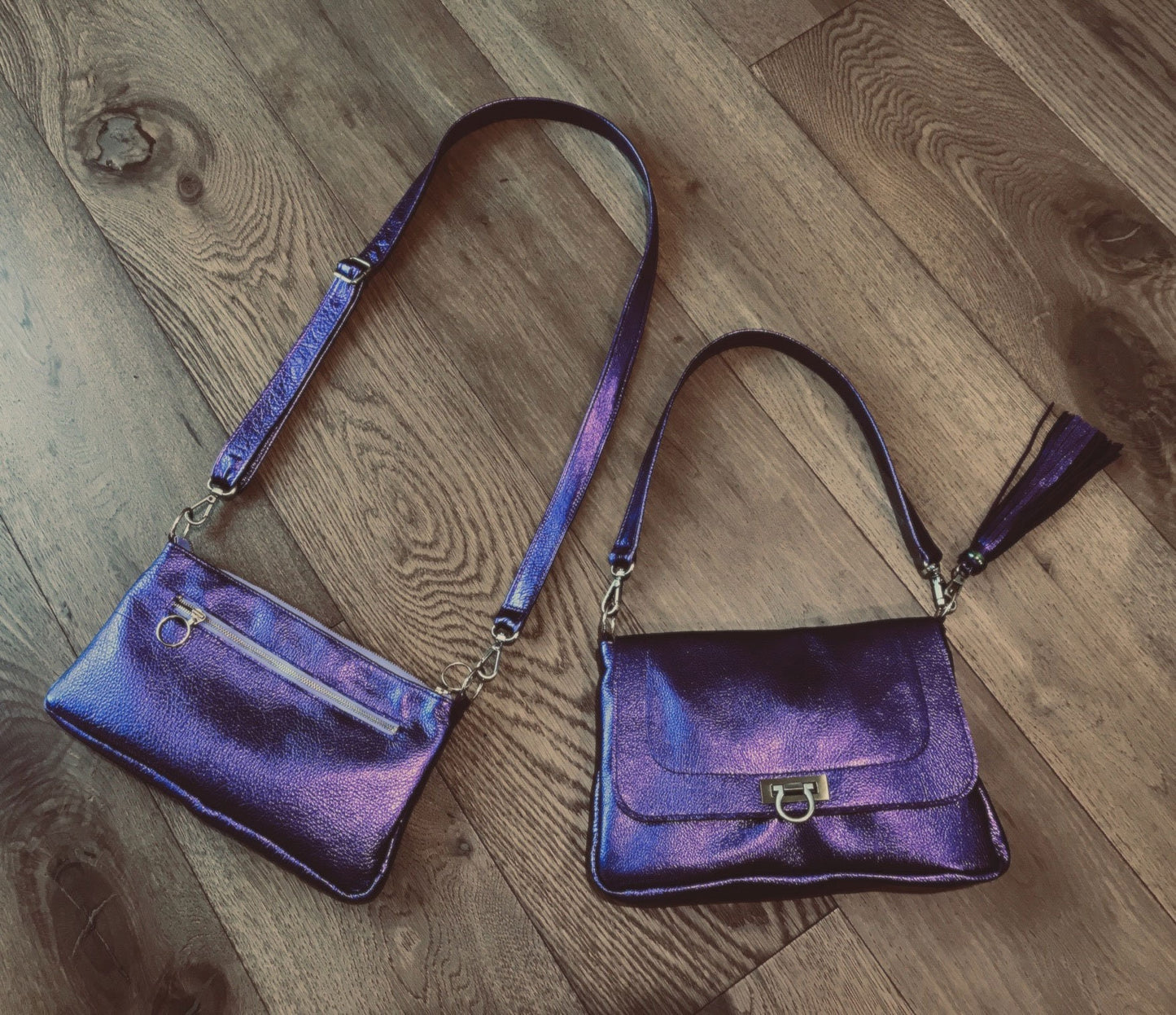 Fuchsia Pink and Turquoise Metallic Leather crossbody with turn clasp close