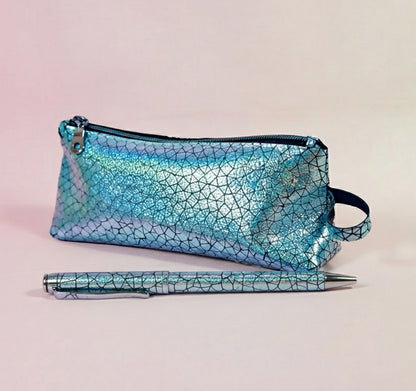 Holographic Blue Geometric Leather makeup purse