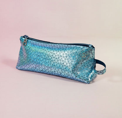 Holographic Blue Geometric Leather makeup purse