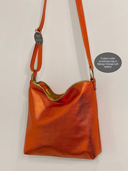 Large Mango Orange Metallic Leather Tote