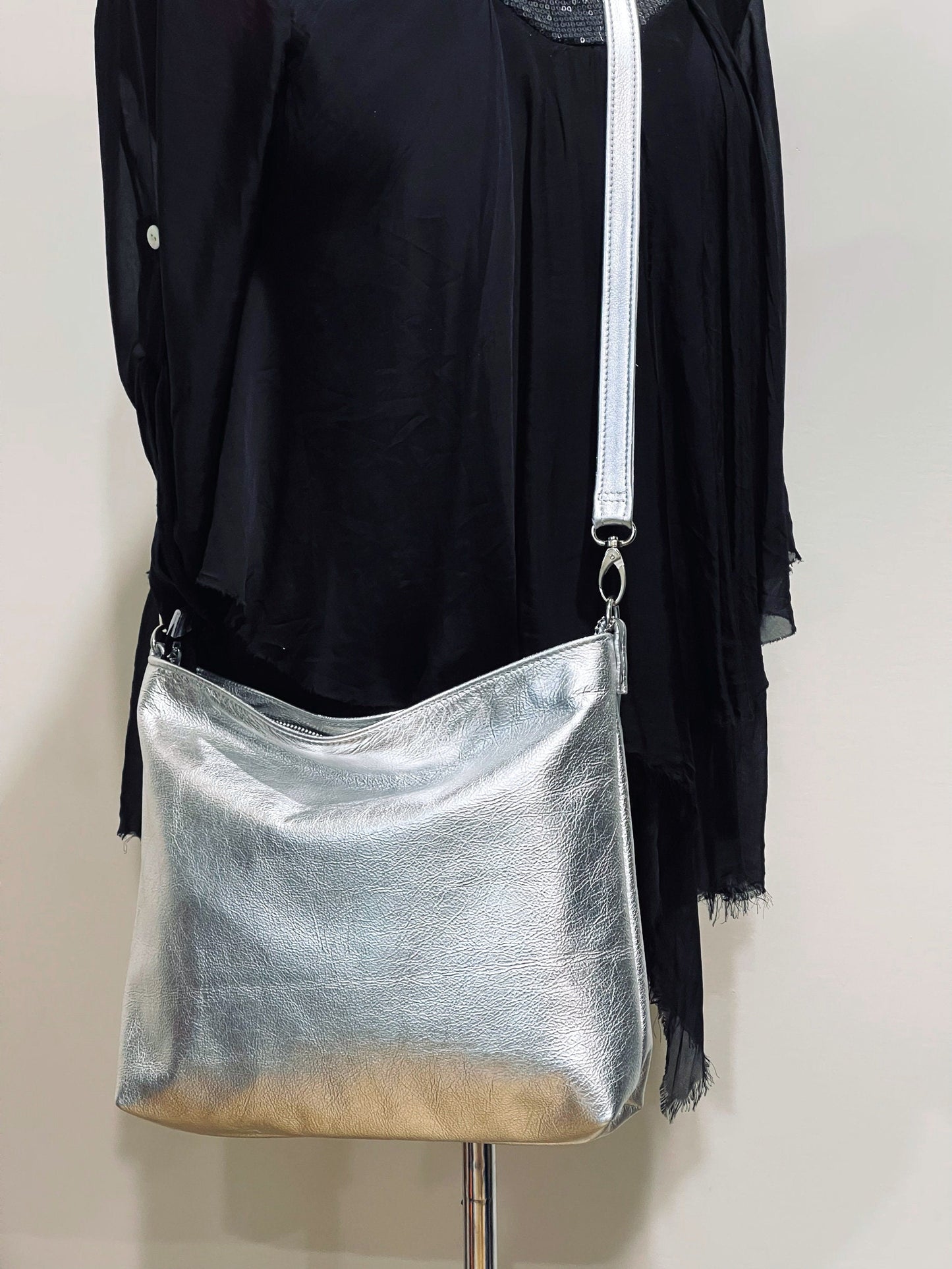 Metallic Silver crossbody bag, Soft premium