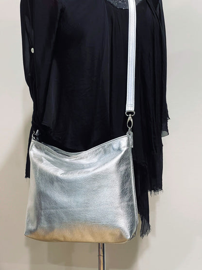 Metallic Silver crossbody bag, Soft premium