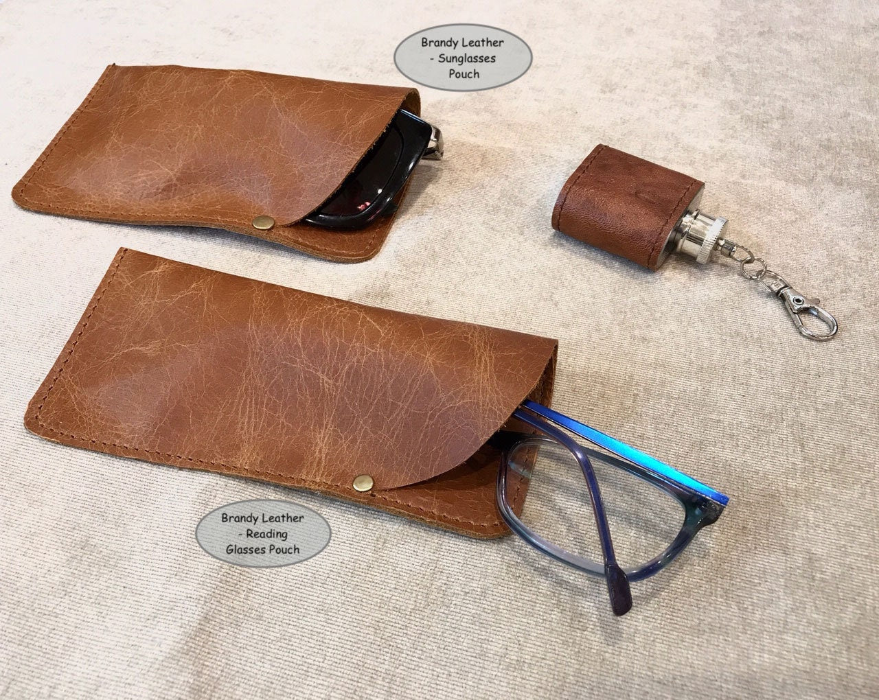 Oak Brown leather sunglasses pouch and reading glasses with suede interior
