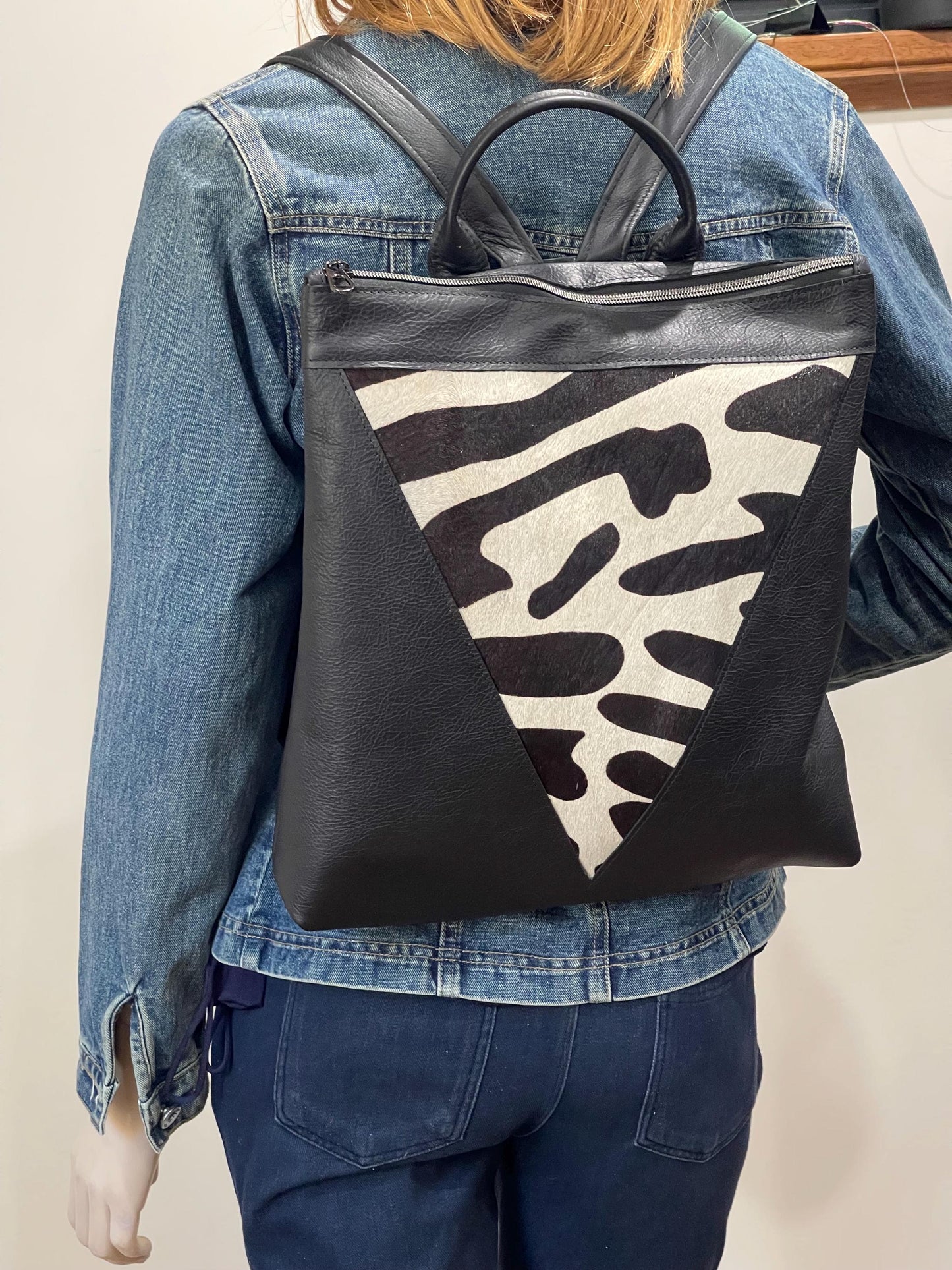 Backpack Black zebra print cowhide Leather