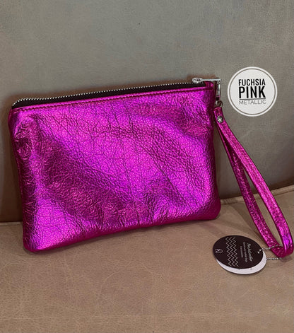 Hot pink or fuchsia metallic leather wristlet or crossbody Bag
