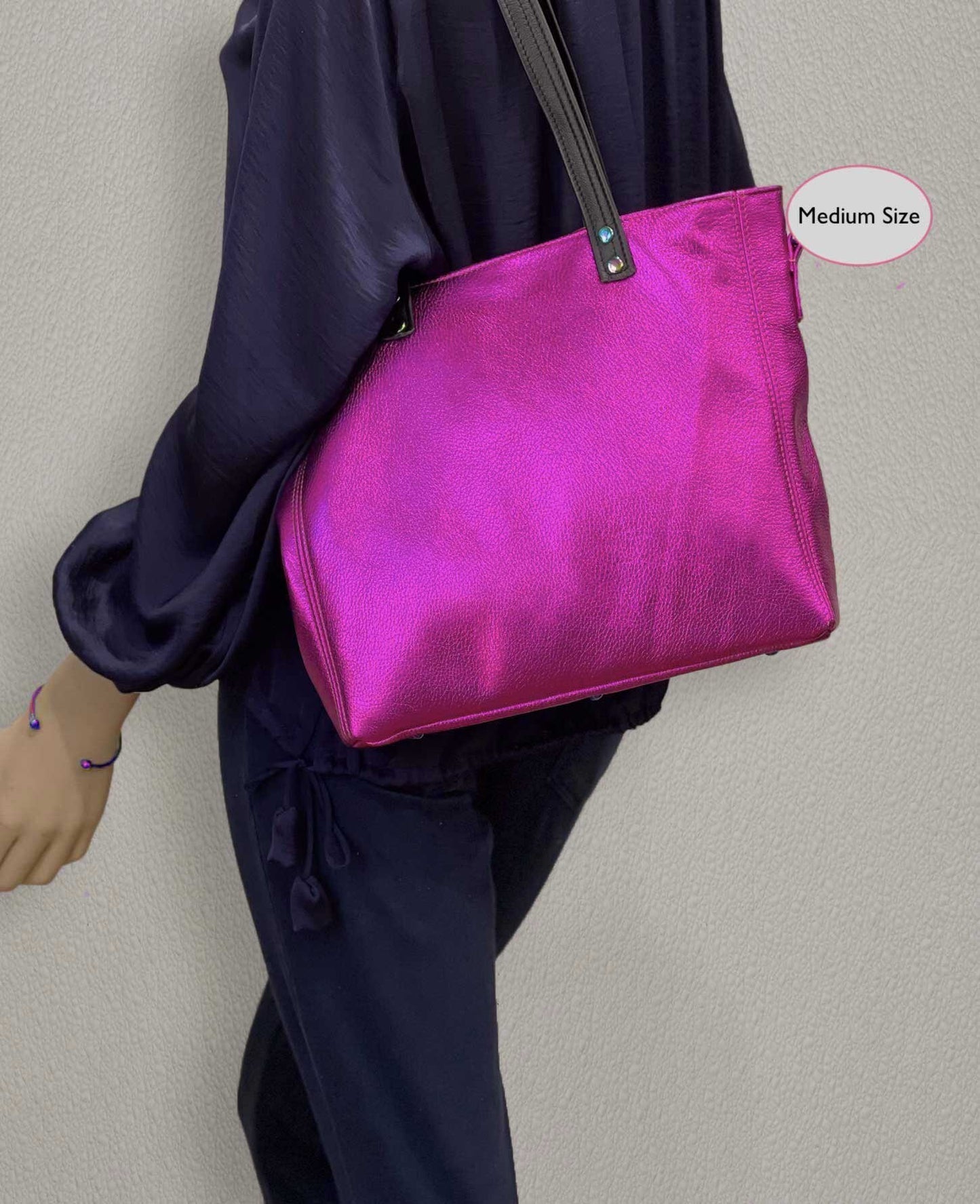 Fuchsia Pink Metallic Leather Tote, free leather purse