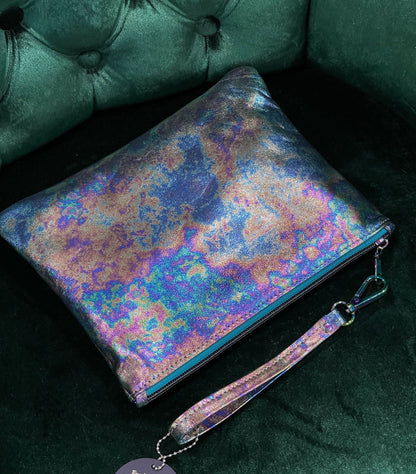 Metallic Oil slick Leather Zipper Wristlet or crossbody