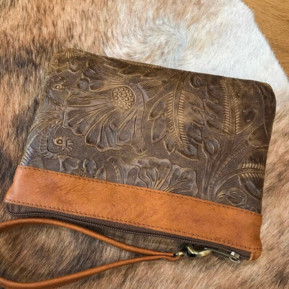 Tooled Leather Wristlet, Australian western floral embossed clutch