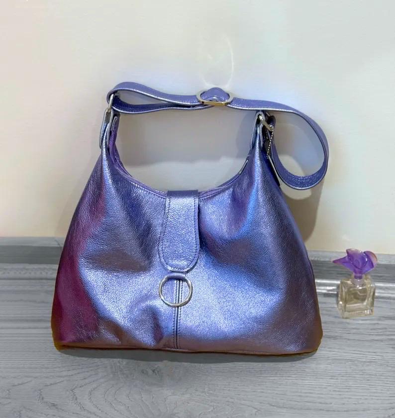 Metallic Lavender Lilac Purple Italian Hobo, premium leather