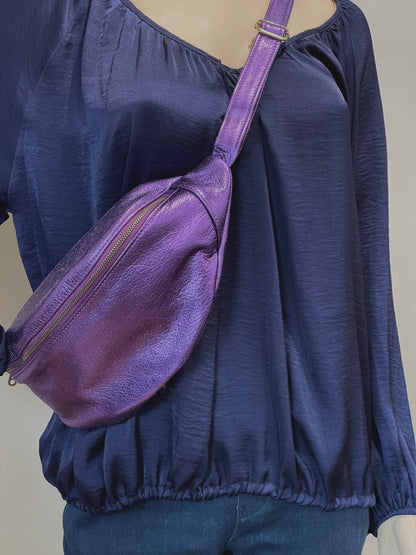 Large Metallic Purple Leather bum bag, soft leather travel bag