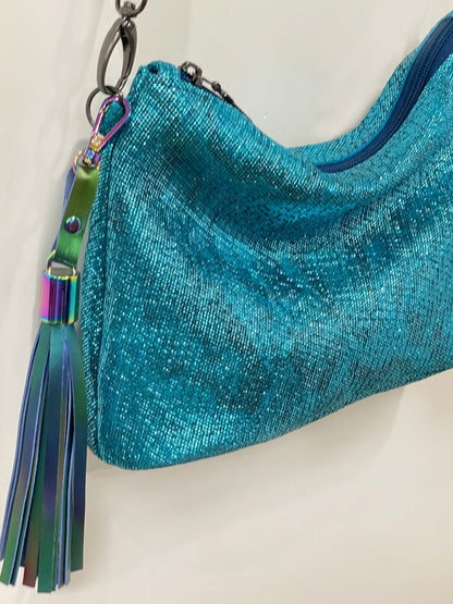 Small turquoise metallic Leather crossbody bag. 1 IN STOCK