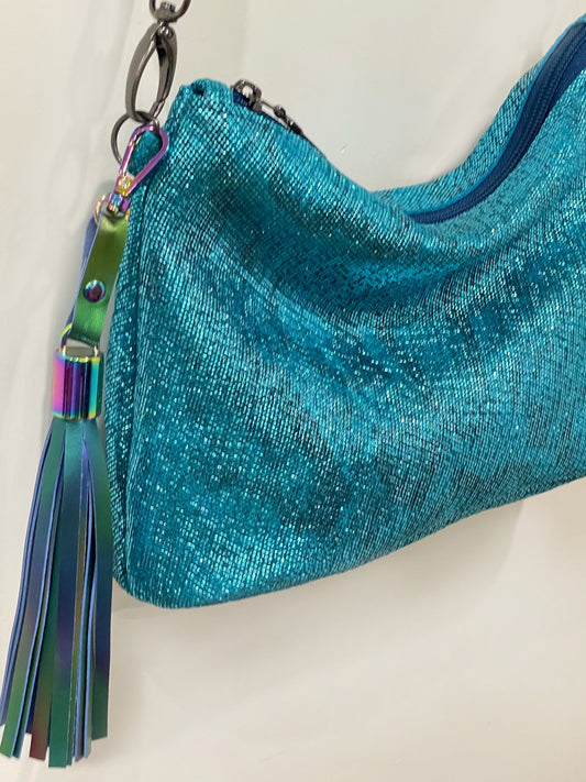 Small turquoise metallic Leather crossbody bag. 1 IN STOCK