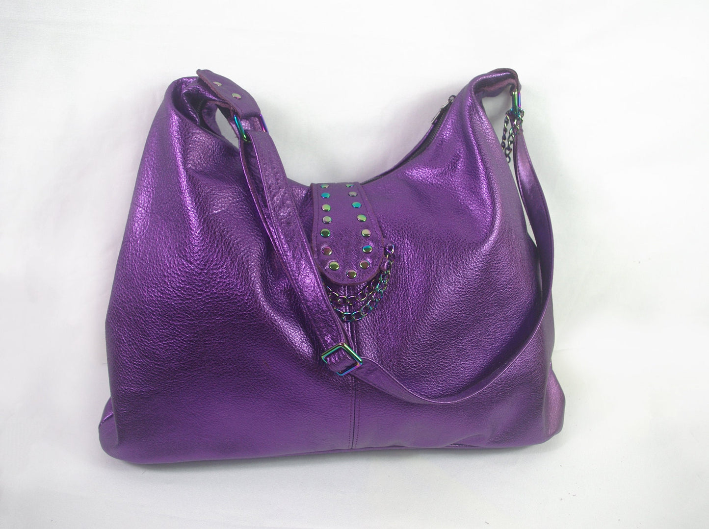 Metallic Purple Italian Hobo Shoulder Bag with Rainbow hardware
