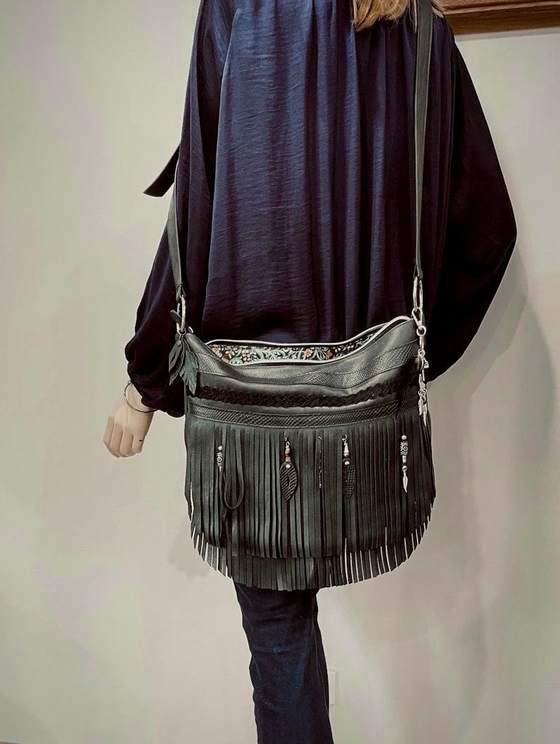 Black Double Fringe Bag, boho braided leather