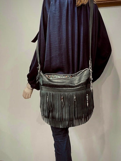 Black Double Fringe Bag, boho braided leather