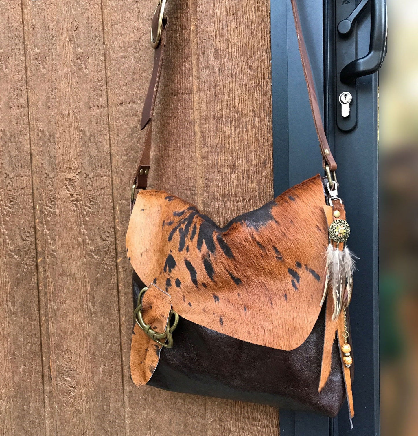 Cowhide Celtic Leather Crossbody, wide strap, OOAK cowhide