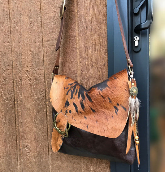 Cowhide Celtic Leather Crossbody, wide strap, OOAK cowhide