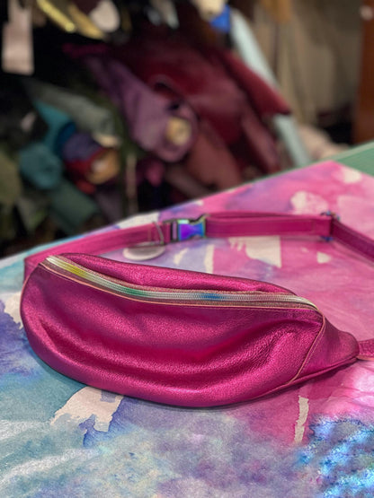 Metallic Hot Pink Leather waist bag, Soft unlined crescent fanny pack, bum bag
