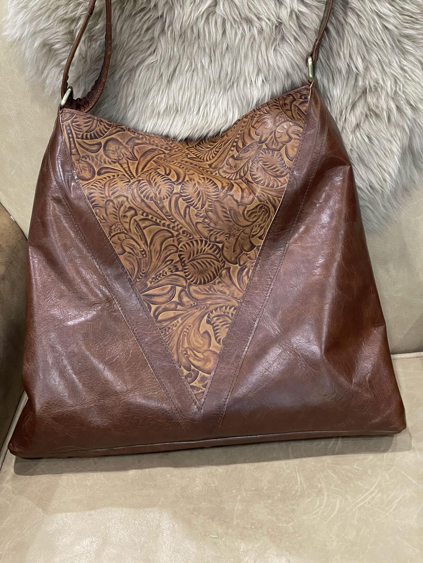 Brown tooled leather Hobo bag, Premium Leather, flower and leaf design IN STOCK