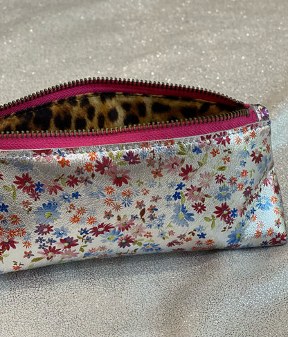 Small Metallic Silver Floral Leather makeup purse, Ditsy print