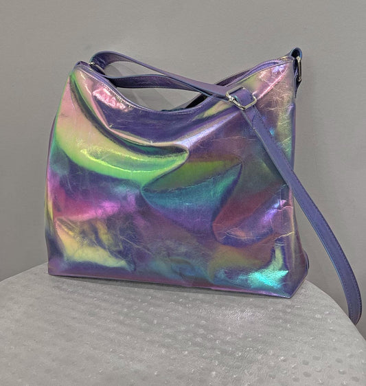 Holographic multi colour handbag with silver hardware