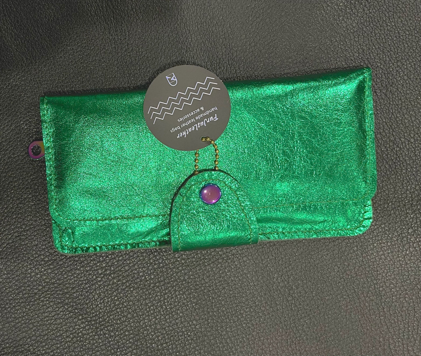Emerald Green Metallic Leather Wallet Purse or wristlet. zipper pocket