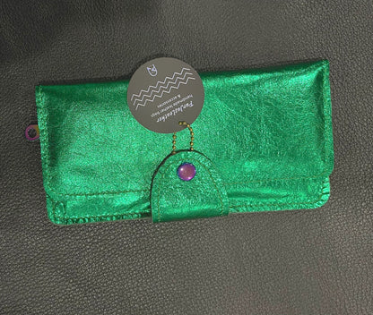 Emerald Green Metallic Leather Wallet Purse or wristlet. zipper pocket