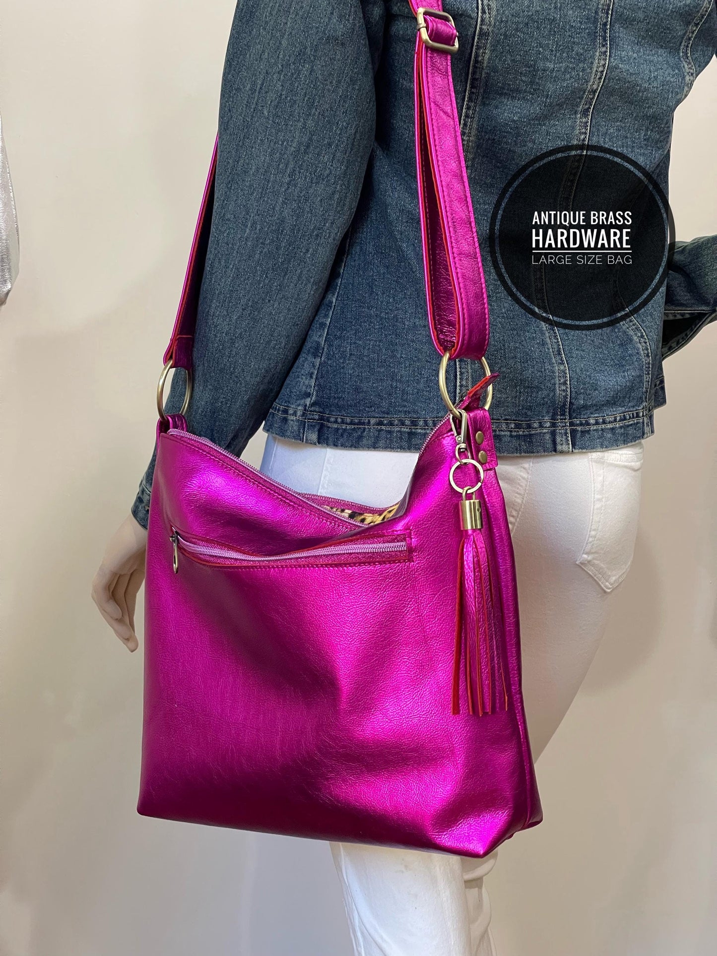 Metallic fuchsia pink crossbody bag