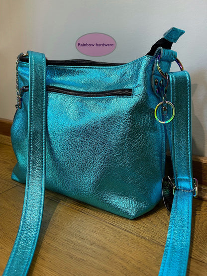 Metallic turquoise crossbody bag