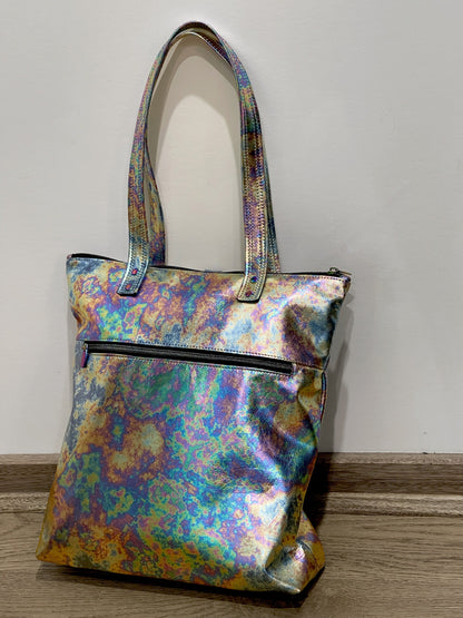 Metallic Oil Slick leather backpack and tote, FREE purse