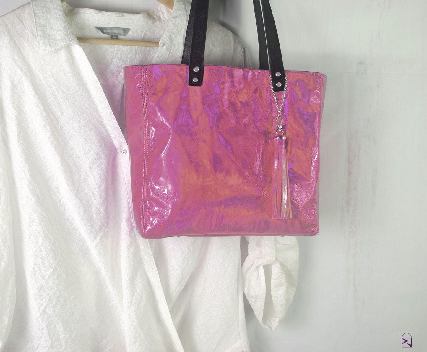 Soft pink holographic Leather Tote, Free leather purse