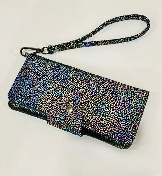 Multicolored patterned wallet with wrist strap and wide tab press clasp