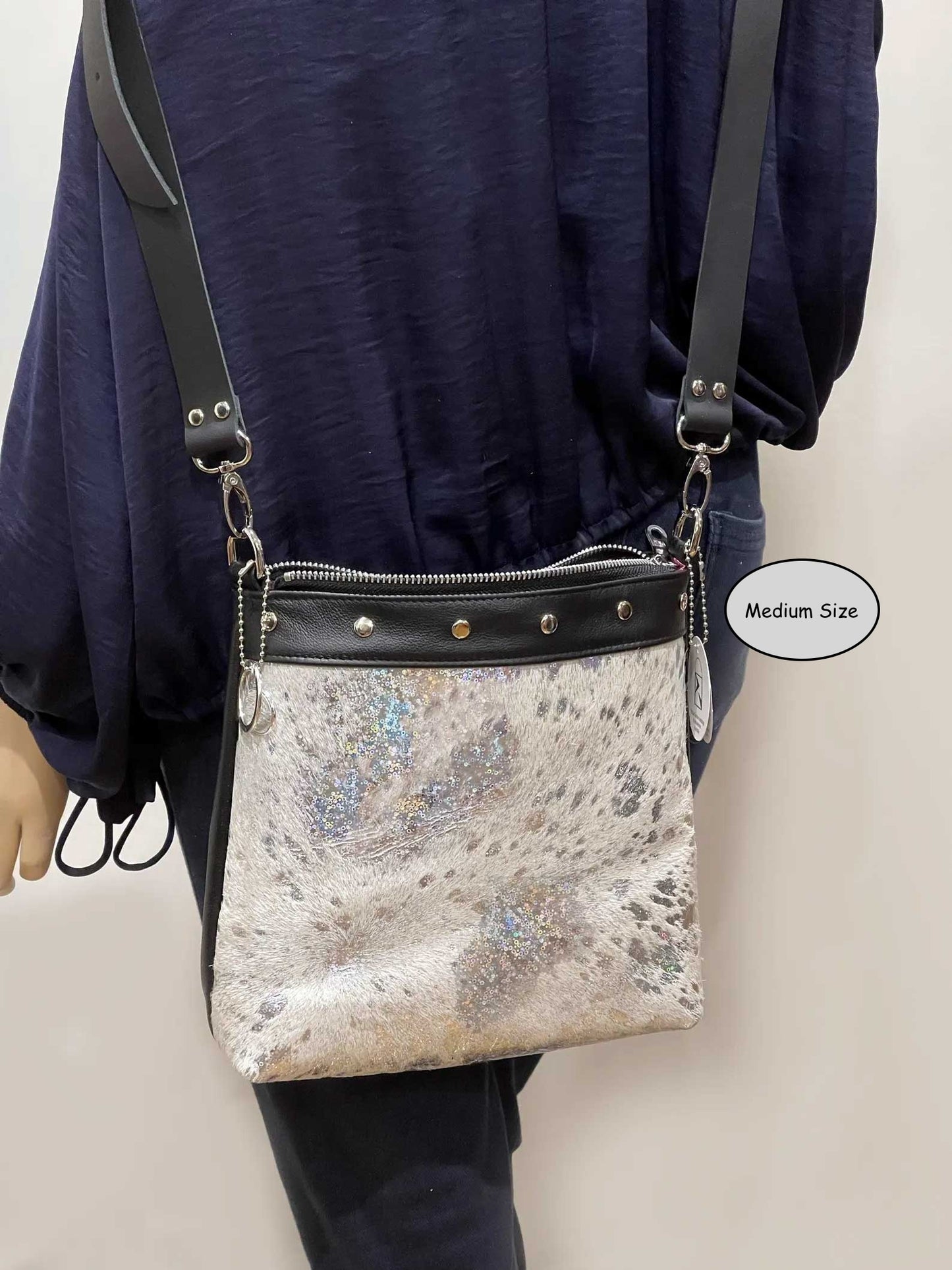 Acid wash Iridescent holographic cowhide and black leather bag