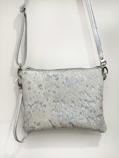 Small Acid wash Iridescent holographic cowhide and metallic silver leather bag IN STOCK