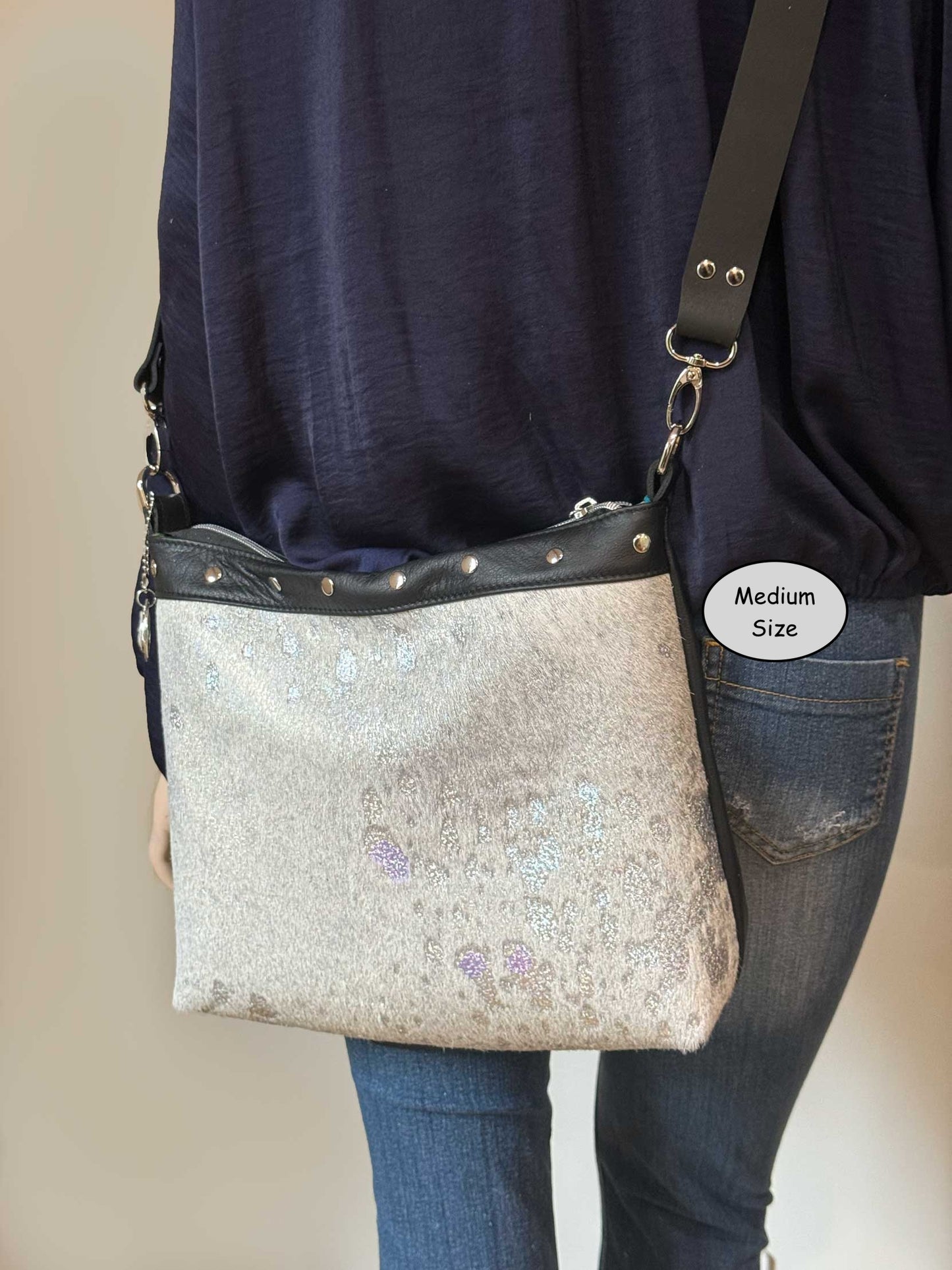 Acid wash Iridescent holographic cowhide and black leather bag