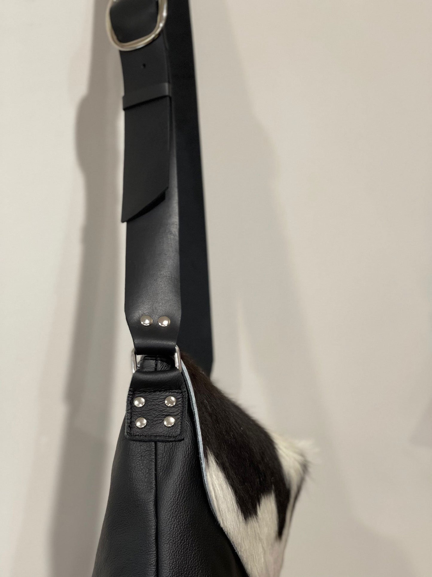 Black white Cowhide Leather Crossbody