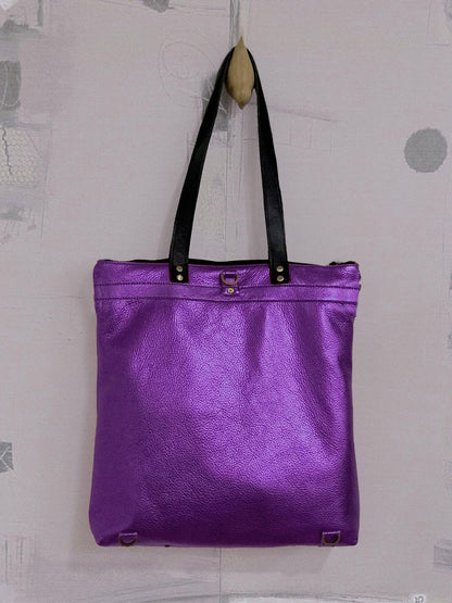 Purple Metallic Leather Backpack with Optional Tote Straps