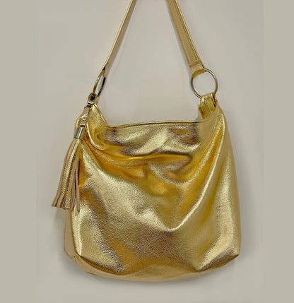 Metallic gold crossbody bag, true gold, premium soft metallic leather