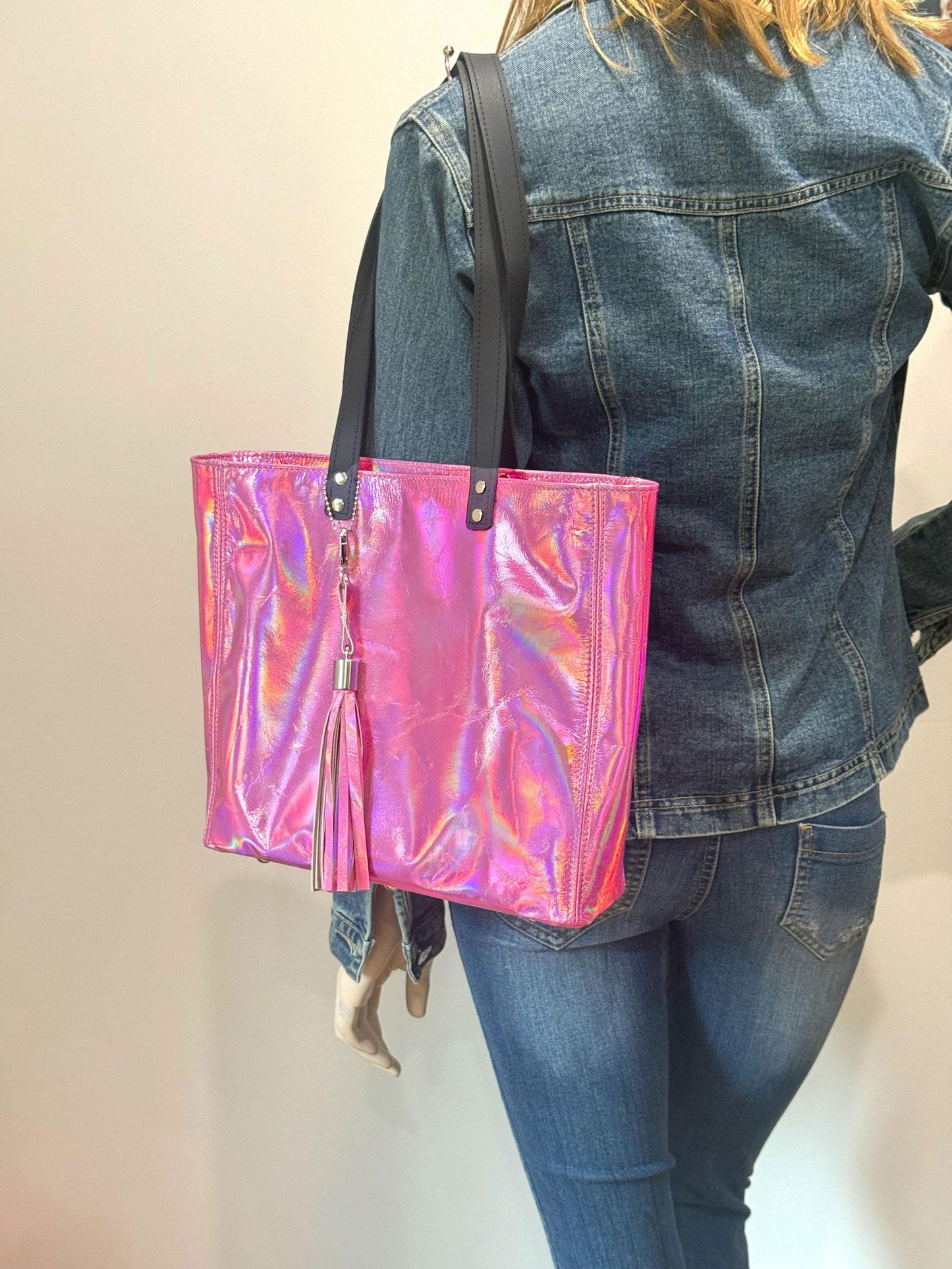 Soft pink holographic Leather Tote, Free leather purse