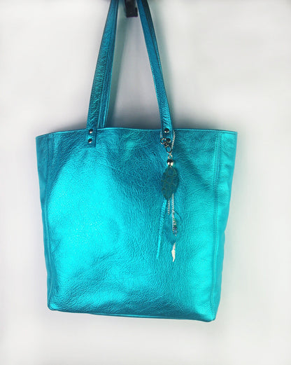 Metallic Turquoise Leather Tote, free leather zipper purse