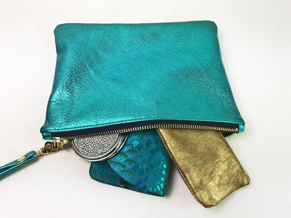 Metallic Turquoise leather Wristlet, softest aquamarine leather purse