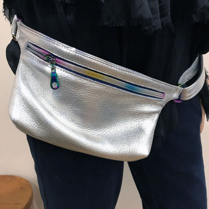 Metallic Silver Leather bum bag, Leather fanny pack